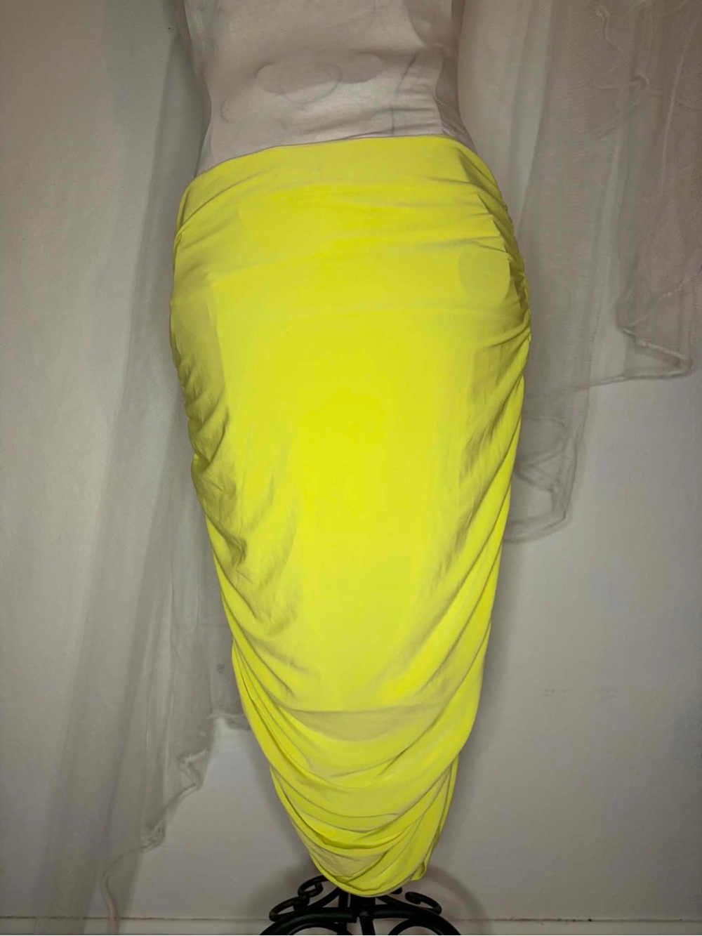 Express Neon Yellow Ruched Midi Skirt